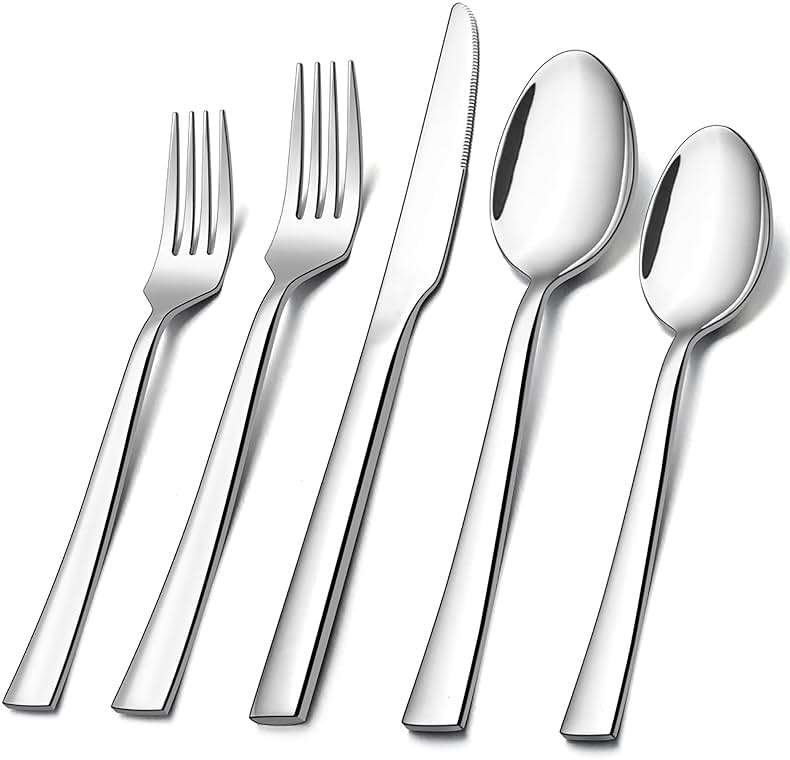 10-Piece Silverware Set, E-far Stainless Steel Flatware Set Service for 2, Modern Tableware Cutlery Set for Home and Restaurant, Square Edge & Mirror Finish, Dishwasher Safe - Image 1
