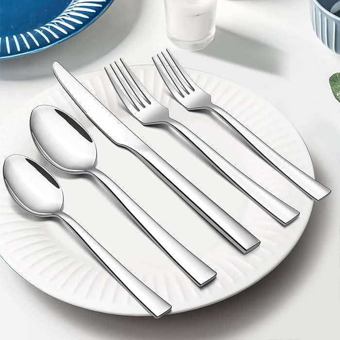 10-Piece Silverware Set, E-far Stainless Steel Flatware Set Service for 2, Modern Tableware Cutlery Set for Home and Restaurant, Square Edge & Mirror Finish, Dishwasher Safe - Image 2