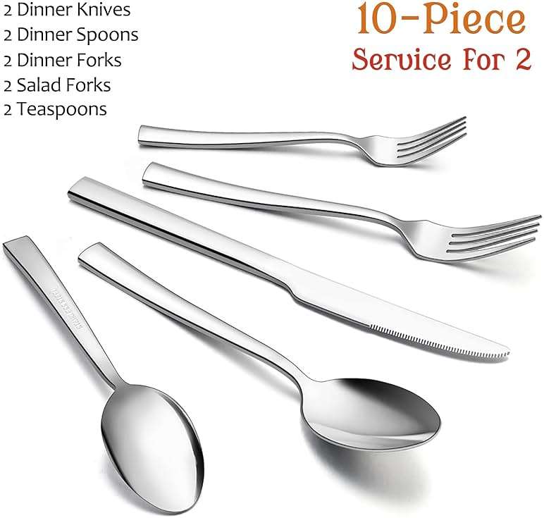 10-Piece Silverware Set, E-far Stainless Steel Flatware Set Service for 2, Modern Tableware Cutlery Set for Home and Restaurant, Square Edge & Mirror Finish, Dishwasher Safe - Image 3