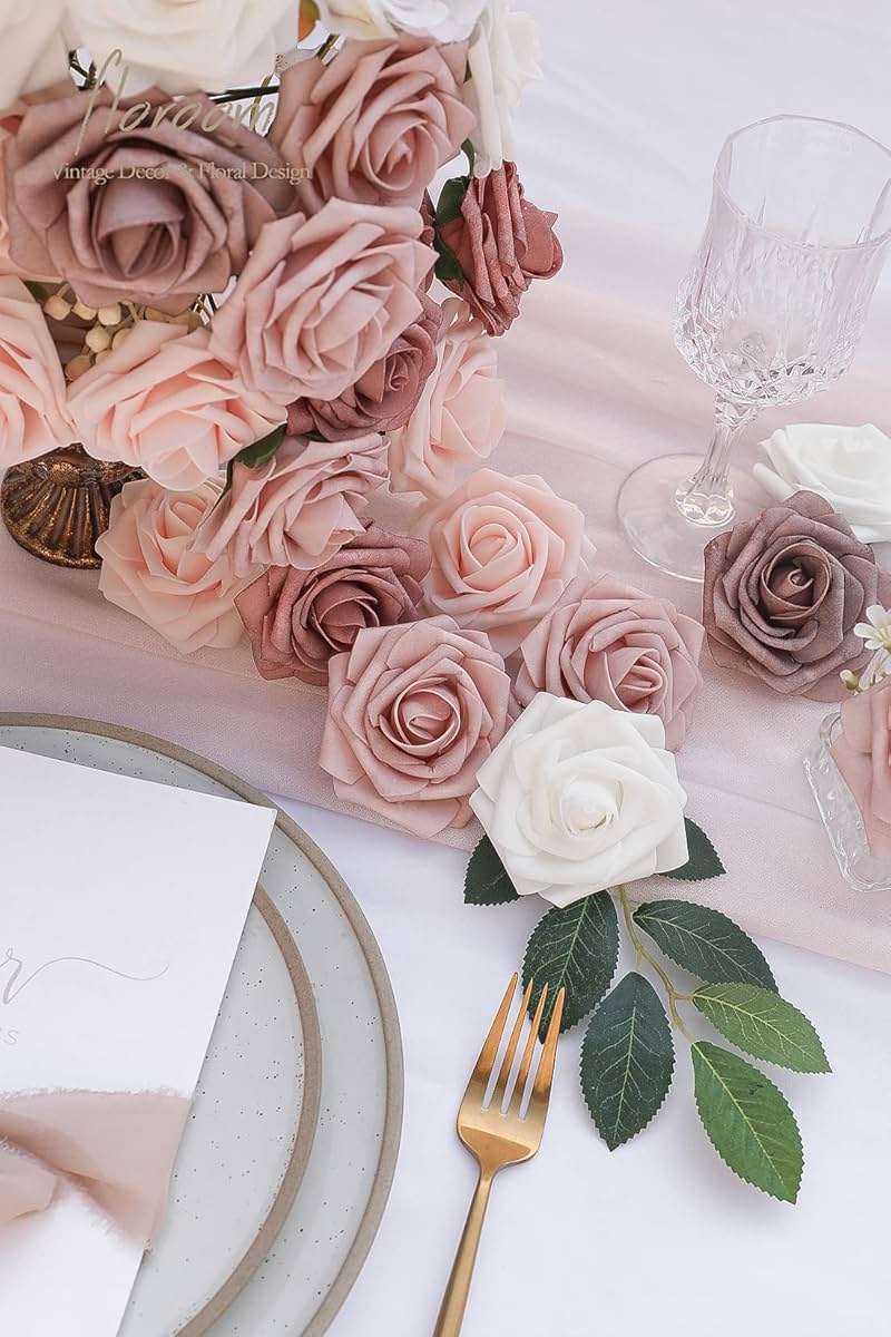 Floroom Artificial Flowers 25pcs Real Looking Dusty Rose Ombre Colors Foam Fake Roses with Stems for DIY Wedding Bouquets Bridal Shower Centerpieces Floral Arrangements Party Tables Home Decorations - Image 4
