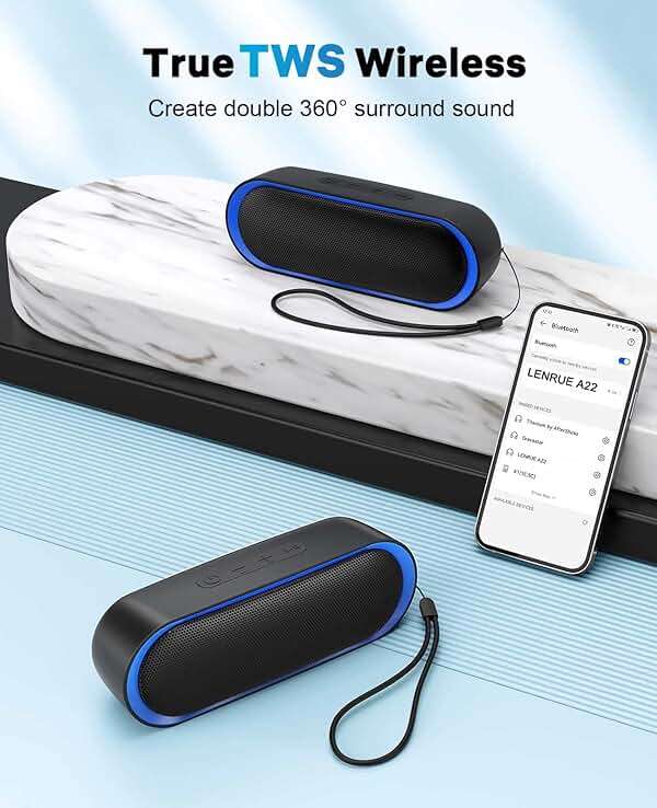 LENRUE Bluetooth Speakers, Waterproof Portable Speakers with TWS, 24 Playtime, Stereo Sound, Wireless for Home Shower Pool Beach Outdoor (Black) - Image 4