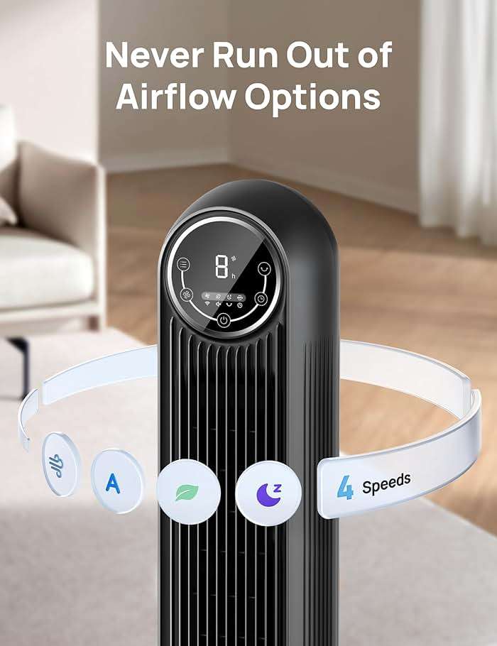 DREO Tower Fan for Bedroom, Smart Oscillating Quiet Floor Fans, Standing Bladeless Fan with Remote and WiFi Voice Control, 4 Modes, 4 Speeds, 8H Timer, 28dB, Works with Alexa/Google - Image 6