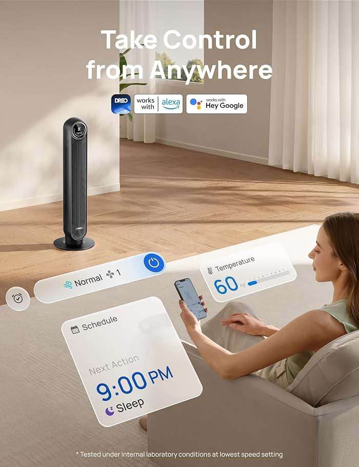 DREO Tower Fan for Bedroom, Smart Oscillating Quiet Floor Fans, Standing Bladeless Fan with Remote and WiFi Voice Control, 4 Modes, 4 Speeds, 8H Timer, 28dB, Works with Alexa/Google - Image 7