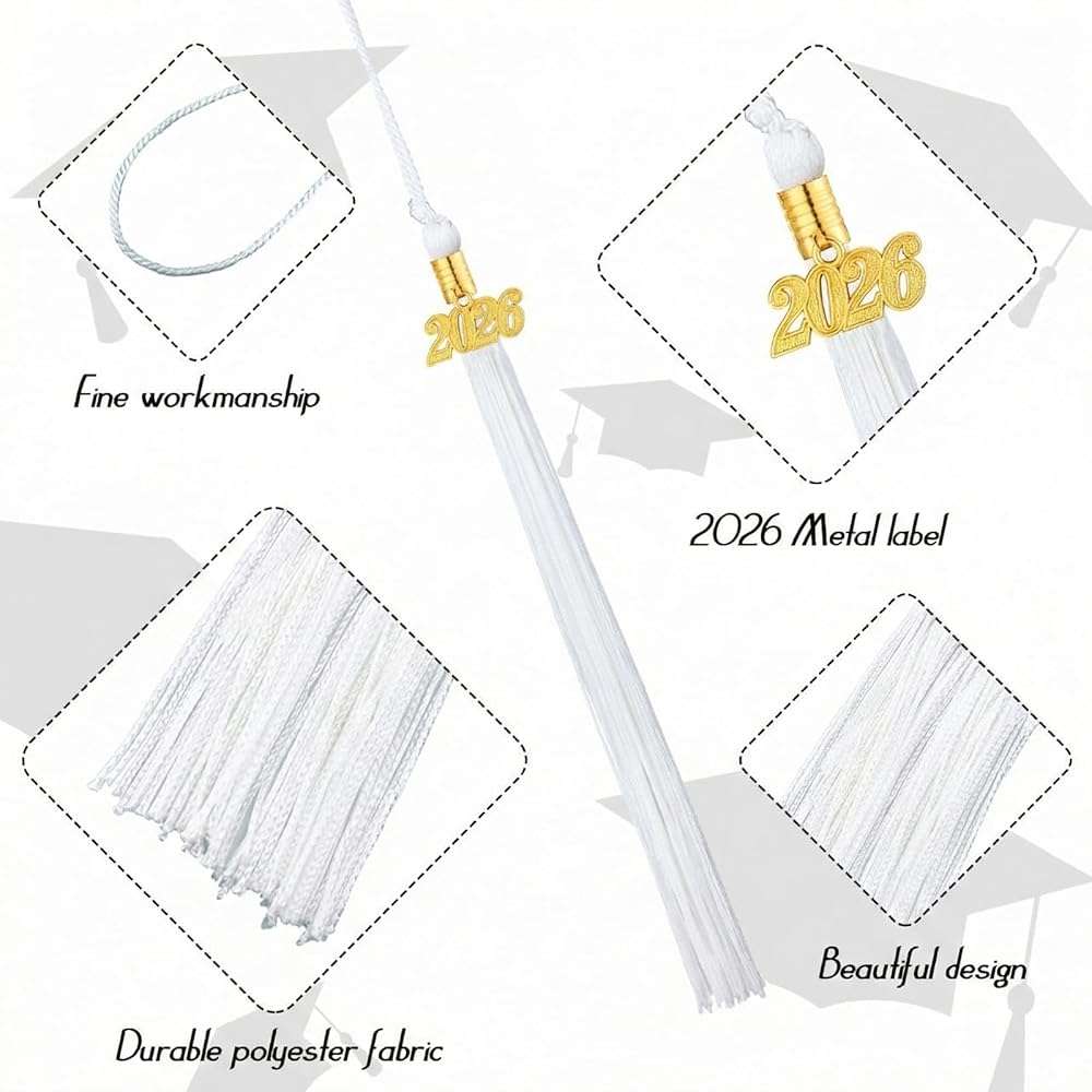 Boao 18 Pieces 2026 Graduation Tassel Charm for Graduation Cap Academic Hat Tassels with 2026 Year Gold Date Pendants Memorial for Ceremonies Parties(White) - Image 3