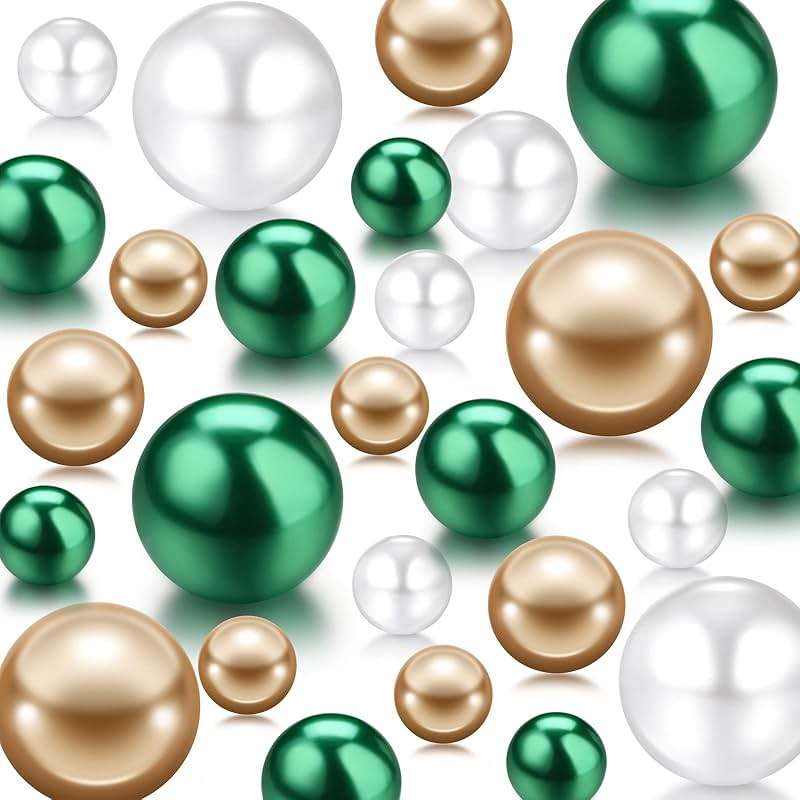 Jadive 200 Pieces Pearl Beads for Vase Filler Centerpieces, No Holes Pearl Makeup Beads for Wedding Holiday Party Home Brushes Holder Decor, 10/14/20/30 mm(Gold, Green, White) - Image 1