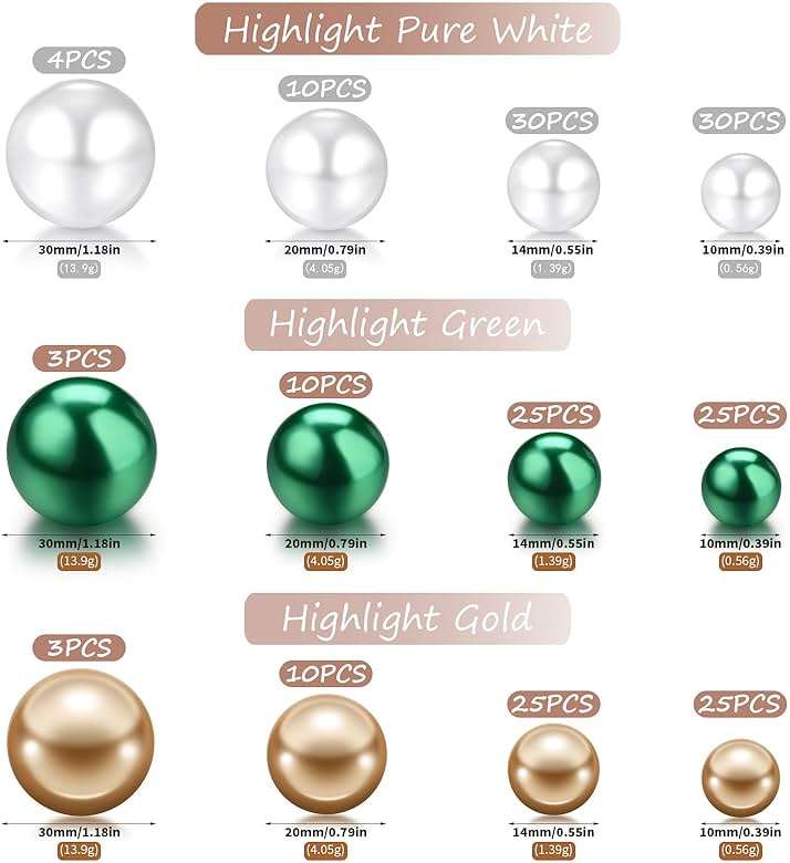 Jadive 200 Pieces Pearl Beads for Vase Filler Centerpieces, No Holes Pearl Makeup Beads for Wedding Holiday Party Home Brushes Holder Decor, 10/14/20/30 mm(Gold, Green, White) - Image 3