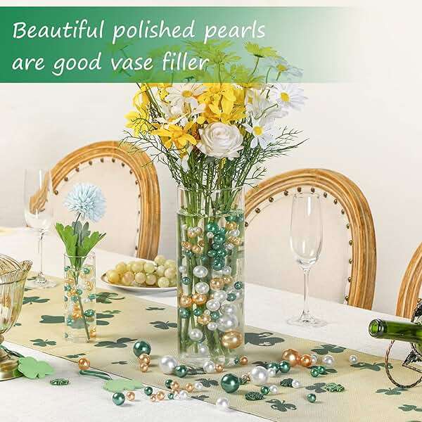 Jadive 200 Pieces Pearl Beads for Vase Filler Centerpieces, No Holes Pearl Makeup Beads for Wedding Holiday Party Home Brushes Holder Decor, 10/14/20/30 mm(Gold, Green, White) - Image 5
