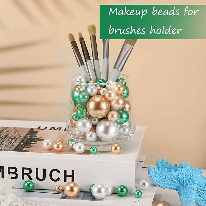 Jadive 200 Pieces Pearl Beads for Vase Filler Centerpieces, No Holes Pearl Makeup Beads for Wedding Holiday Party Home Brushes Holder Decor, 10/14/20/30 mm(Gold, Green, White) - Image 6