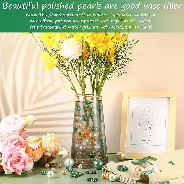 Jadive 200 Pieces Pearl Beads for Vase Filler Centerpieces, No Holes Pearl Makeup Beads for Wedding Holiday Party Home Brushes Holder Decor, 10/14/20/30 mm(Gold, Green, White) - Image 7
