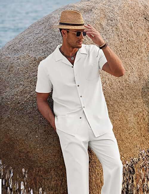 COOFANDY Men 2 Piece Linen Outfit Beach Button Down Shirt Casual Loose Pant Sets - Image 2