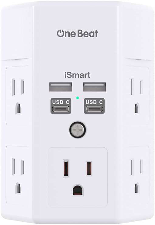 One Beat Surge Protector Wall Outlet Extender, 5 Outlets & 4 USB Ports (2 USB-C), 1680J, 3-Sided Multi Plug Outlet Adapter, Outlet Splitter, Wall Mount, ETL Listed for Home Office Travel - Image 1