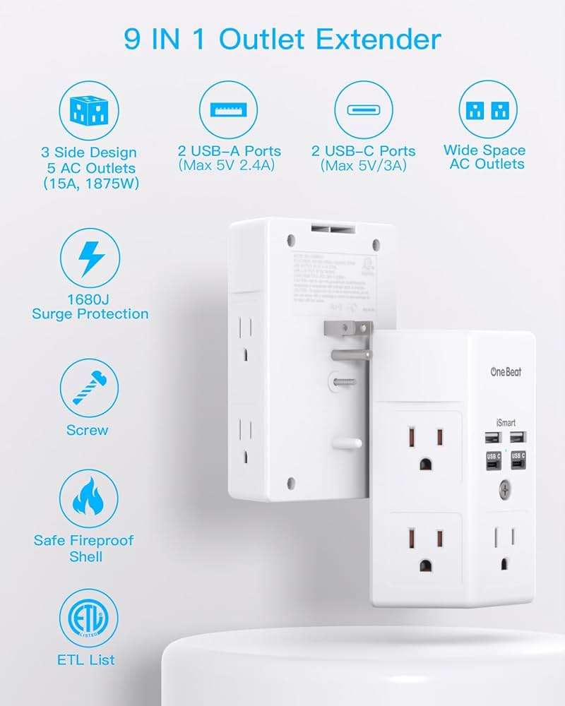 One Beat Surge Protector Wall Outlet Extender, 5 Outlets & 4 USB Ports (2 USB-C), 1680J, 3-Sided Multi Plug Outlet Adapter, Outlet Splitter, Wall Mount, ETL Listed for Home Office Travel - Image 2