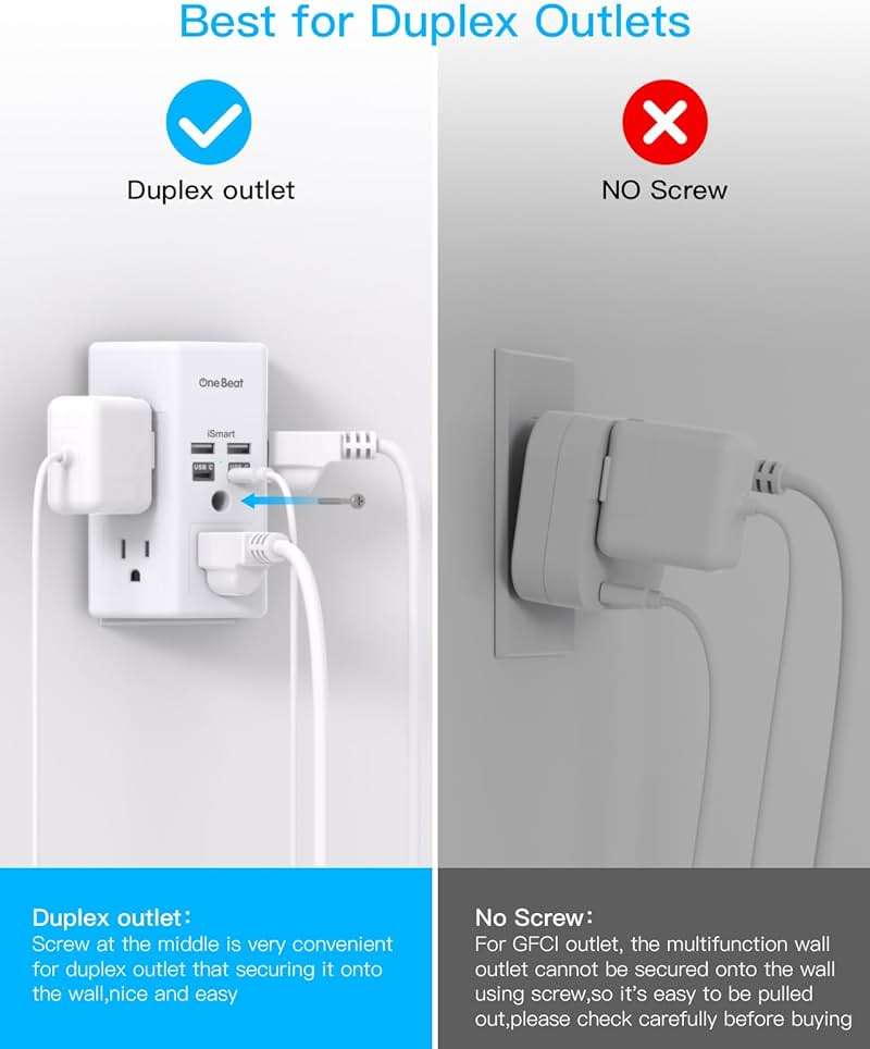 One Beat Surge Protector Wall Outlet Extender, 5 Outlets & 4 USB Ports (2 USB-C), 1680J, 3-Sided Multi Plug Outlet Adapter, Outlet Splitter, Wall Mount, ETL Listed for Home Office Travel - Image 3