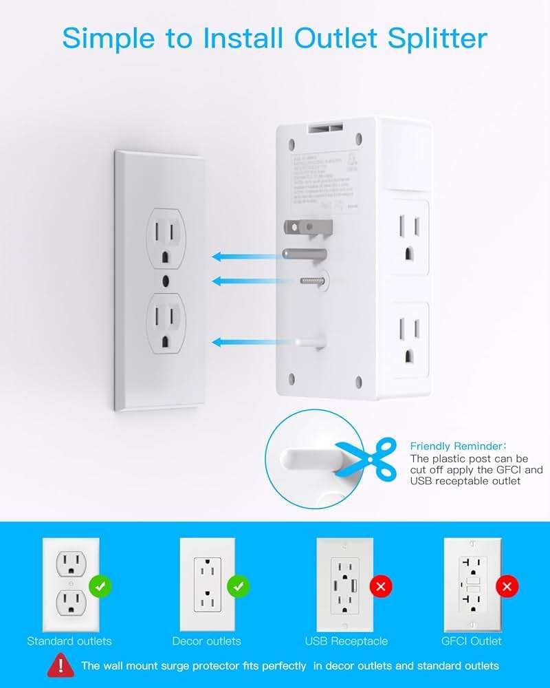 One Beat Surge Protector Wall Outlet Extender, 5 Outlets & 4 USB Ports (2 USB-C), 1680J, 3-Sided Multi Plug Outlet Adapter, Outlet Splitter, Wall Mount, ETL Listed for Home Office Travel - Image 4