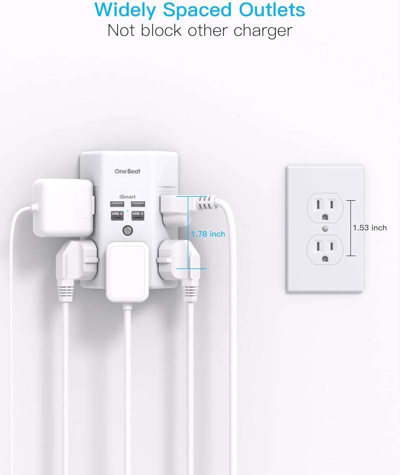 One Beat Surge Protector Wall Outlet Extender, 5 Outlets & 4 USB Ports (2 USB-C), 1680J, 3-Sided Multi Plug Outlet Adapter, Outlet Splitter, Wall Mount, ETL Listed for Home Office Travel - Image 7