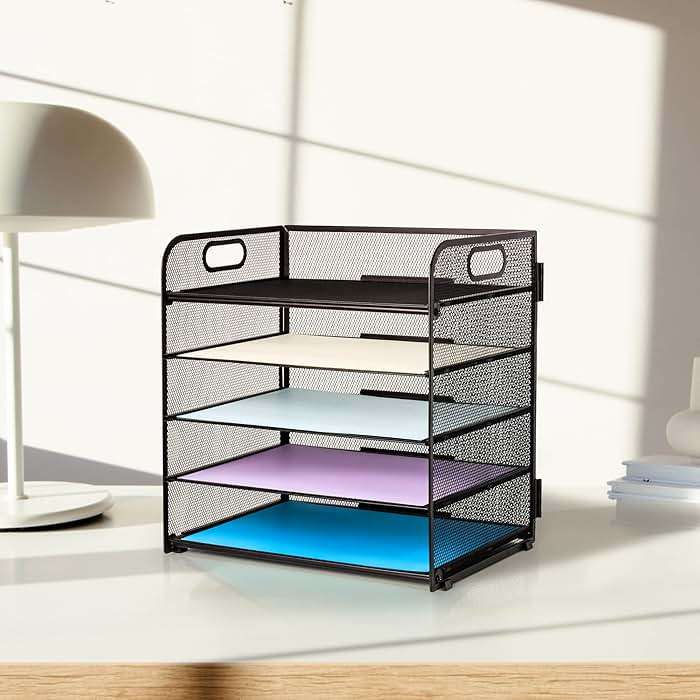 Supeasy 5 Trays Paper Organizer Letter Tray with Handle-Mesh Desk File Holders, Paper Sorter Desk Organizer for Office, Home, Classroom or School - Image 2