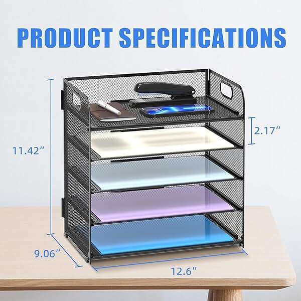 Supeasy 5 Trays Paper Organizer Letter Tray with Handle-Mesh Desk File Holders, Paper Sorter Desk Organizer for Office, Home, Classroom or School - Image 3