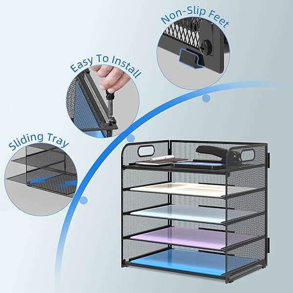 Supeasy 5 Trays Paper Organizer Letter Tray with Handle-Mesh Desk File Holders, Paper Sorter Desk Organizer for Office, Home, Classroom or School - Image 5