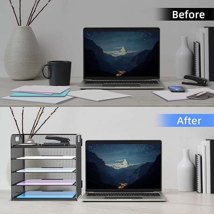 Supeasy 5 Trays Paper Organizer Letter Tray with Handle-Mesh Desk File Holders, Paper Sorter Desk Organizer for Office, Home, Classroom or School - Image 6