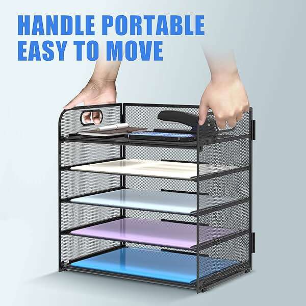 Supeasy 5 Trays Paper Organizer Letter Tray with Handle-Mesh Desk File Holders, Paper Sorter Desk Organizer for Office, Home, Classroom or School - Image 7