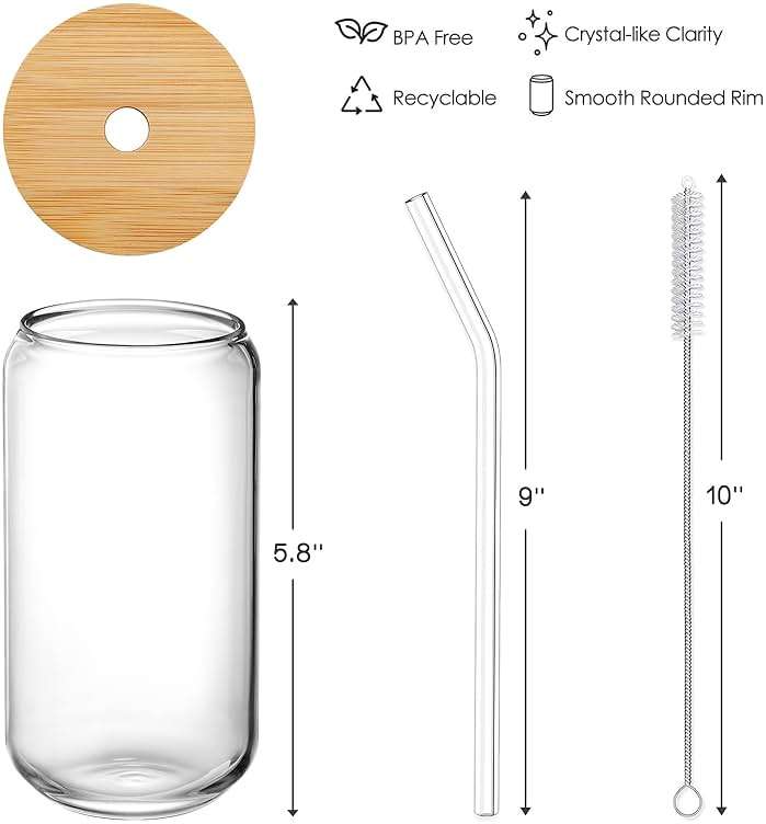 Drinking Glasses with Bamboo Lids and Glass Straw 4pcs Set - 16oz Glass Cups, Iced Coffee Glasses, Cute iced Tea Glasses, Beer Glasses, Ideal for Coffee Bar Accessories, Aesthetic Gift - 2 Brushes - Image 3