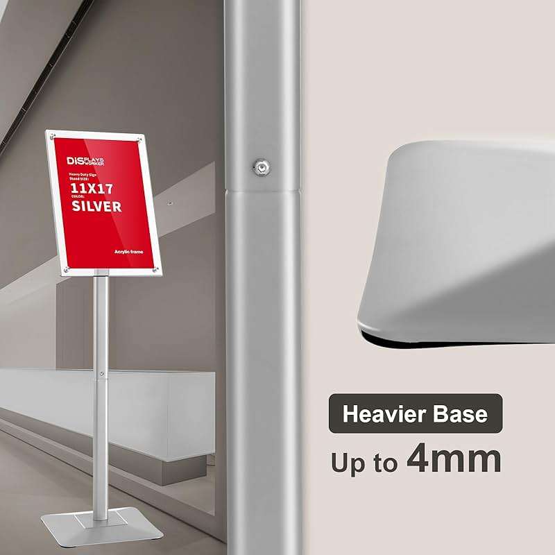 DISPLAYSWORKER Adjustable Heavy Duty Pedestal Acrylic Sign holder floor Stand,sign stand poster stand ,Standing Floor for 11 x 17 inch,Silver (silver, acrylic frame 11-x-17-inch) - Image 6
