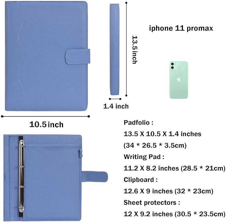 Wonderpool A4 PU Leather 3 & 4 Ring Holder Writing Portfolio Multi Document Case with Removable Binder Clipboard and Functional Pocket for Organizer Office Travel School (Blue) - Image 3