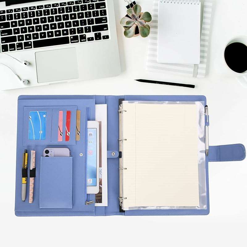 Wonderpool A4 PU Leather 3 & 4 Ring Holder Writing Portfolio Multi Document Case with Removable Binder Clipboard and Functional Pocket for Organizer Office Travel School (Blue) - Image 4