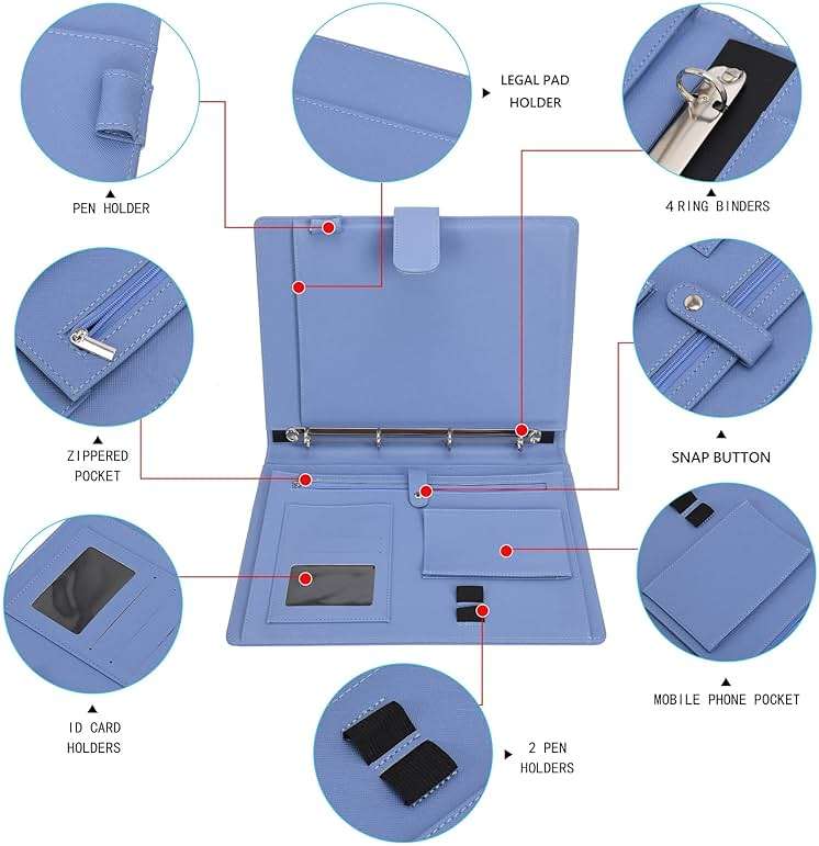 Wonderpool A4 PU Leather 3 & 4 Ring Holder Writing Portfolio Multi Document Case with Removable Binder Clipboard and Functional Pocket for Organizer Office Travel School (Blue) - Image 6