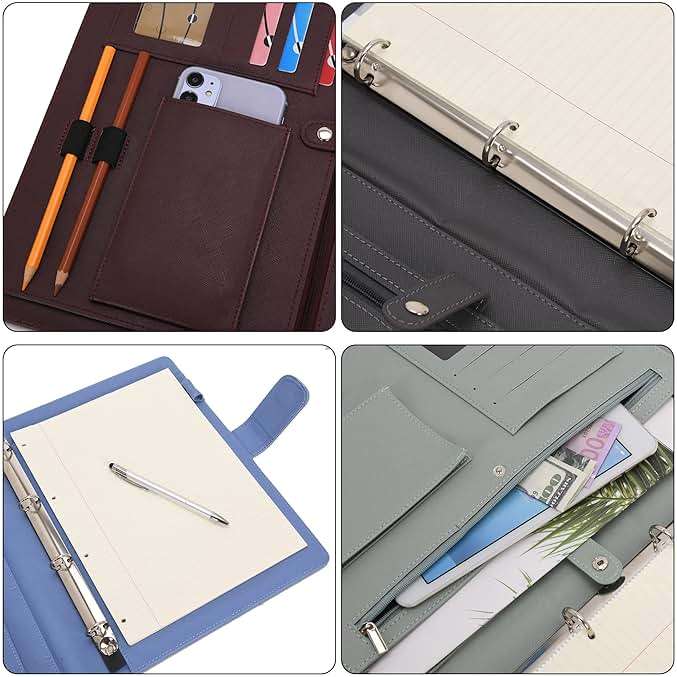 Wonderpool A4 PU Leather 3 & 4 Ring Holder Writing Portfolio Multi Document Case with Removable Binder Clipboard and Functional Pocket for Organizer Office Travel School (Blue) - Image 8