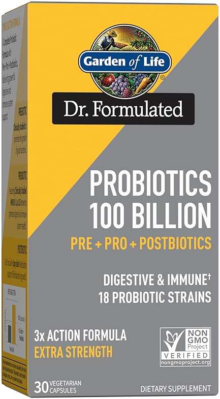 Garden of Life Dr. Formulated Pre, Post & Probiotics 100 Billion CFU Once Daily 3-in-1 Complete Probiotics, Prebiotics & Postbiotics Supplement for Women and Men – Extra Strength, 30 Day Supply - Image 1