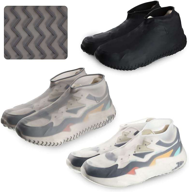 3 Pairs Silicone Shoes Covers Rain Waterproof Reusable Boots Cover Non Slip Overshoes Unisex Protector Indoor Multi Use Black White Gray, Fits up to 6. 5-11. 5 Us Men and 6. 5-12 Us Women Size(Large) - Image 1