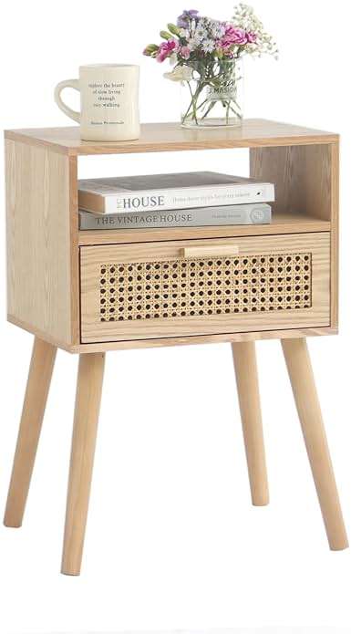 MaxSmeo Modern Nightstand Rattan Side End Table with Storage, for Living Room, Bedroom and Small Spaces, Accent Bedside Farmhouse Tables with Solid Wood Legs, Easy Assembly (Natural Walnut) - Image 1
