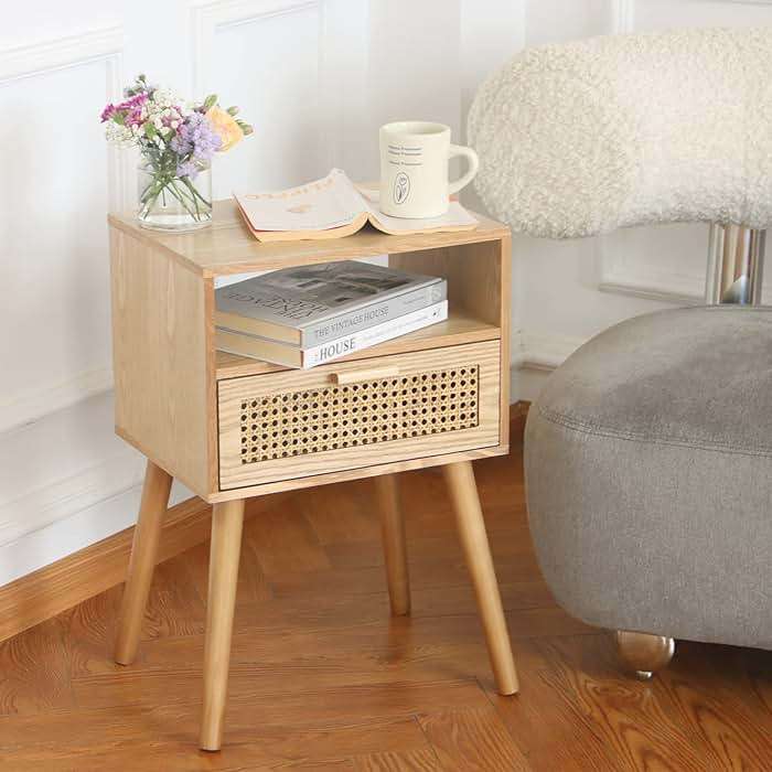 MaxSmeo Modern Nightstand Rattan Side End Table with Storage, for Living Room, Bedroom and Small Spaces, Accent Bedside Farmhouse Tables with Solid Wood Legs, Easy Assembly (Natural Walnut) - Image 2
