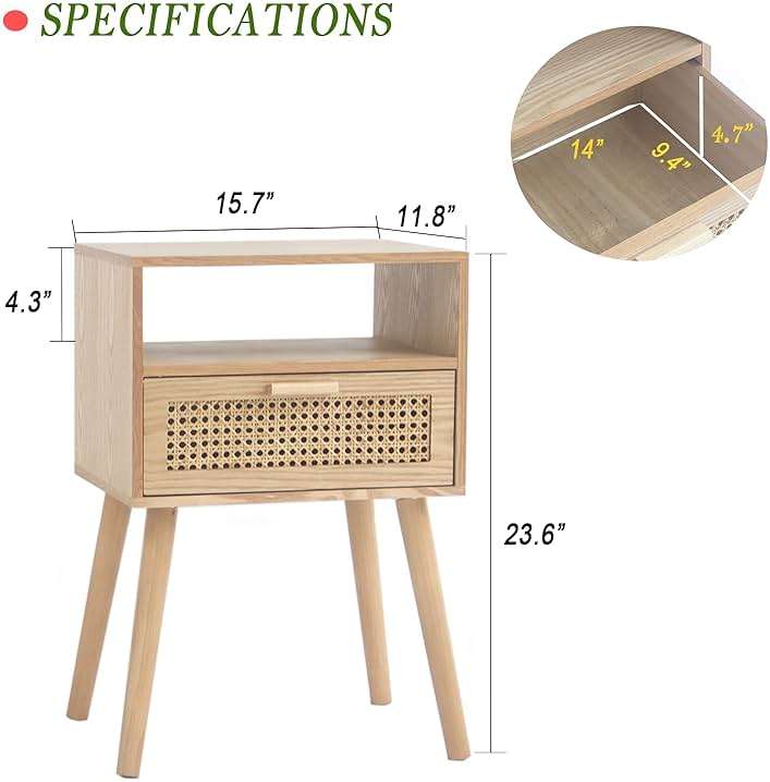 MaxSmeo Modern Nightstand Rattan Side End Table with Storage, for Living Room, Bedroom and Small Spaces, Accent Bedside Farmhouse Tables with Solid Wood Legs, Easy Assembly (Natural Walnut) - Image 3