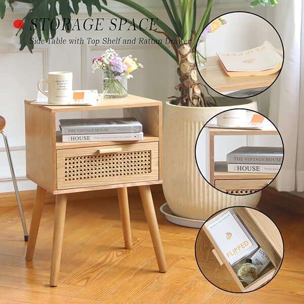 MaxSmeo Modern Nightstand Rattan Side End Table with Storage, for Living Room, Bedroom and Small Spaces, Accent Bedside Farmhouse Tables with Solid Wood Legs, Easy Assembly (Natural Walnut) - Image 4