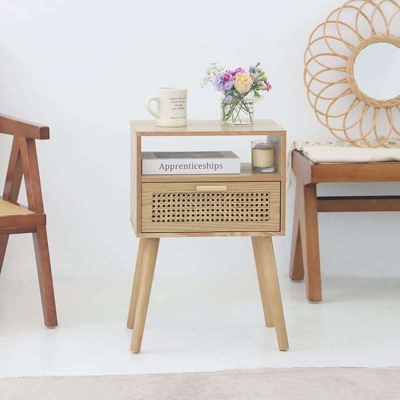 MaxSmeo Modern Nightstand Rattan Side End Table with Storage, for Living Room, Bedroom and Small Spaces, Accent Bedside Farmhouse Tables with Solid Wood Legs, Easy Assembly (Natural Walnut) - Image 7