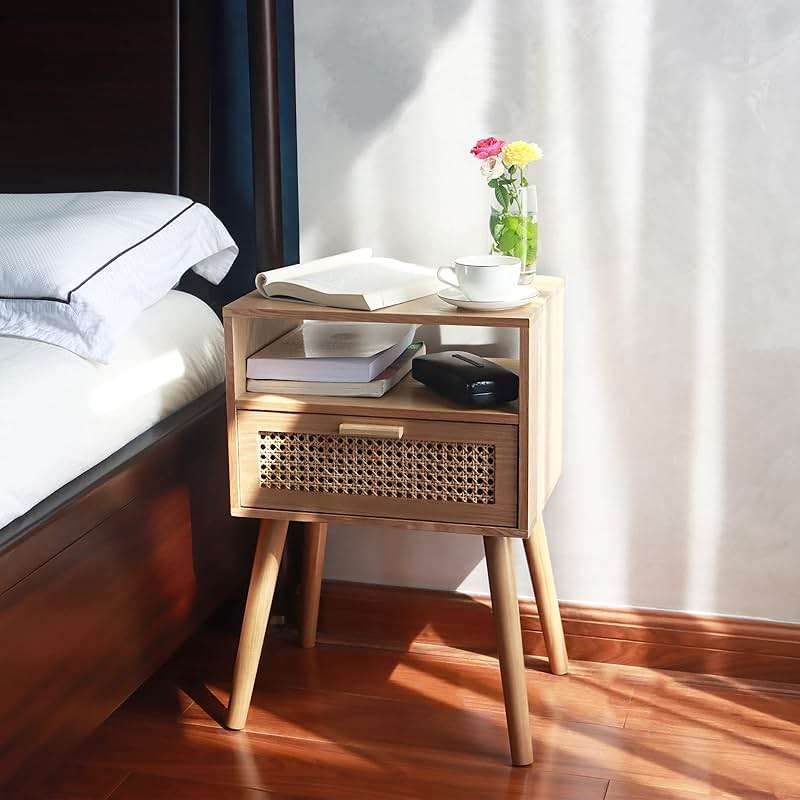 MaxSmeo Modern Nightstand Rattan Side End Table with Storage, for Living Room, Bedroom and Small Spaces, Accent Bedside Farmhouse Tables with Solid Wood Legs, Easy Assembly (Natural Walnut) - Image 9
