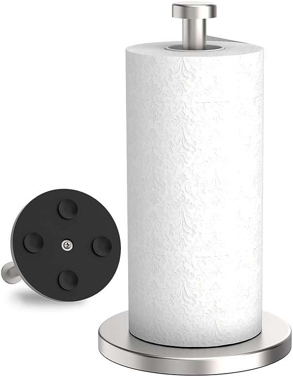 VEHHE Paper Towel Holder Countertop, Stainless Steel Paper Towel Holder Stand with Weighted Base Suction Cups, Standing Paper Towel Roll Holder for Kitchen Bathroom (Silver) - Image 1