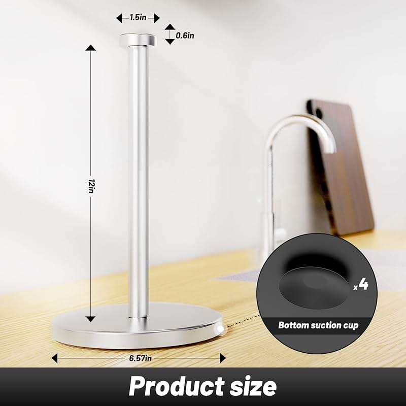 VEHHE Paper Towel Holder Countertop, Stainless Steel Paper Towel Holder Stand with Weighted Base Suction Cups, Standing Paper Towel Roll Holder for Kitchen Bathroom (Silver) - Image 4