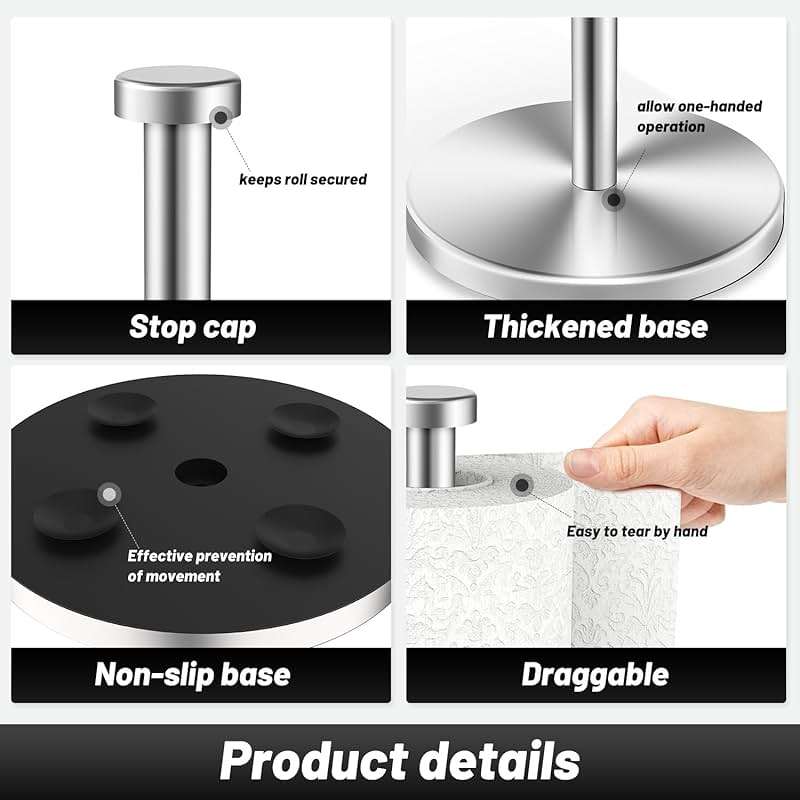 VEHHE Paper Towel Holder Countertop, Stainless Steel Paper Towel Holder Stand with Weighted Base Suction Cups, Standing Paper Towel Roll Holder for Kitchen Bathroom (Silver) - Image 5