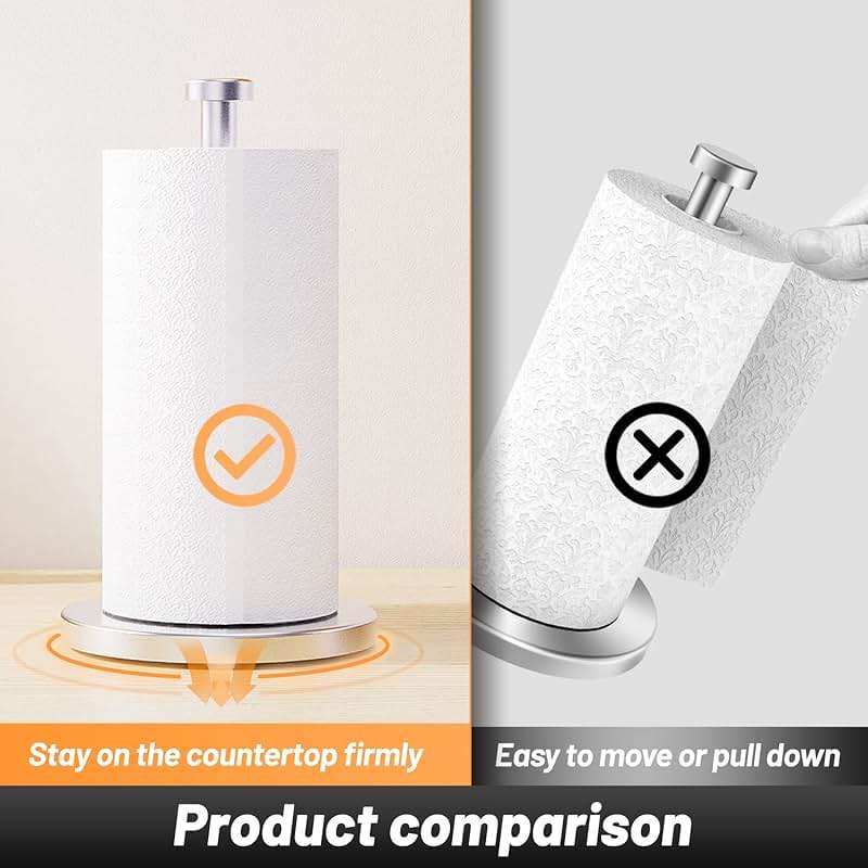 VEHHE Paper Towel Holder Countertop, Stainless Steel Paper Towel Holder Stand with Weighted Base Suction Cups, Standing Paper Towel Roll Holder for Kitchen Bathroom (Silver) - Image 7