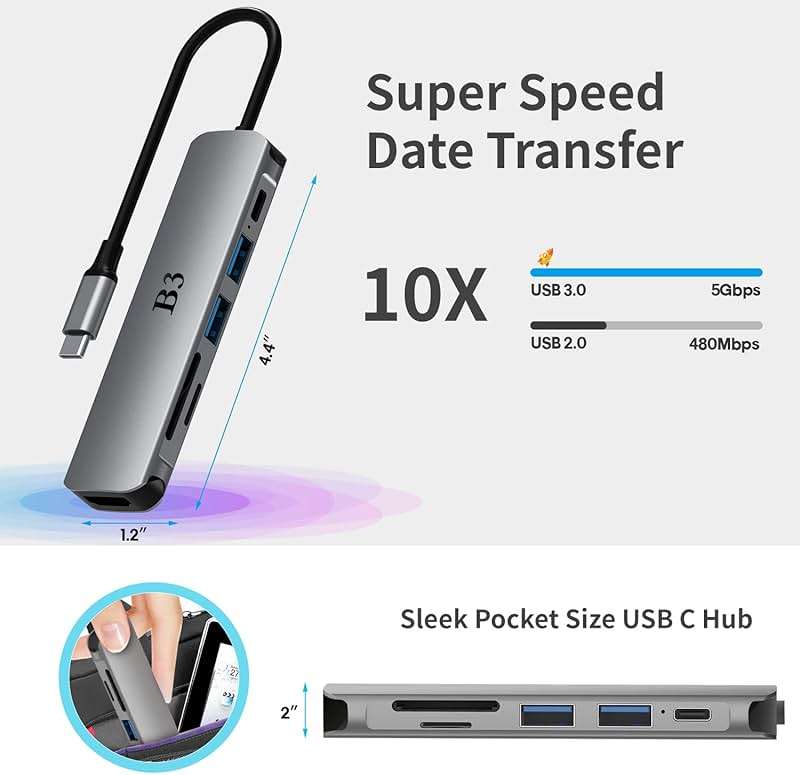 USB C Hub 6-in-1 Multi-Port Adapter with 4K@60Hz HDMI, 100W PD, 2 USB A Data Ports, and SD/TF Card Reader – Aluminum Type-C Hub for MacBook Air/Pro M1/M2, iPhone 17 Pro Max, Surface Go, XPS, iPad - Image 3
