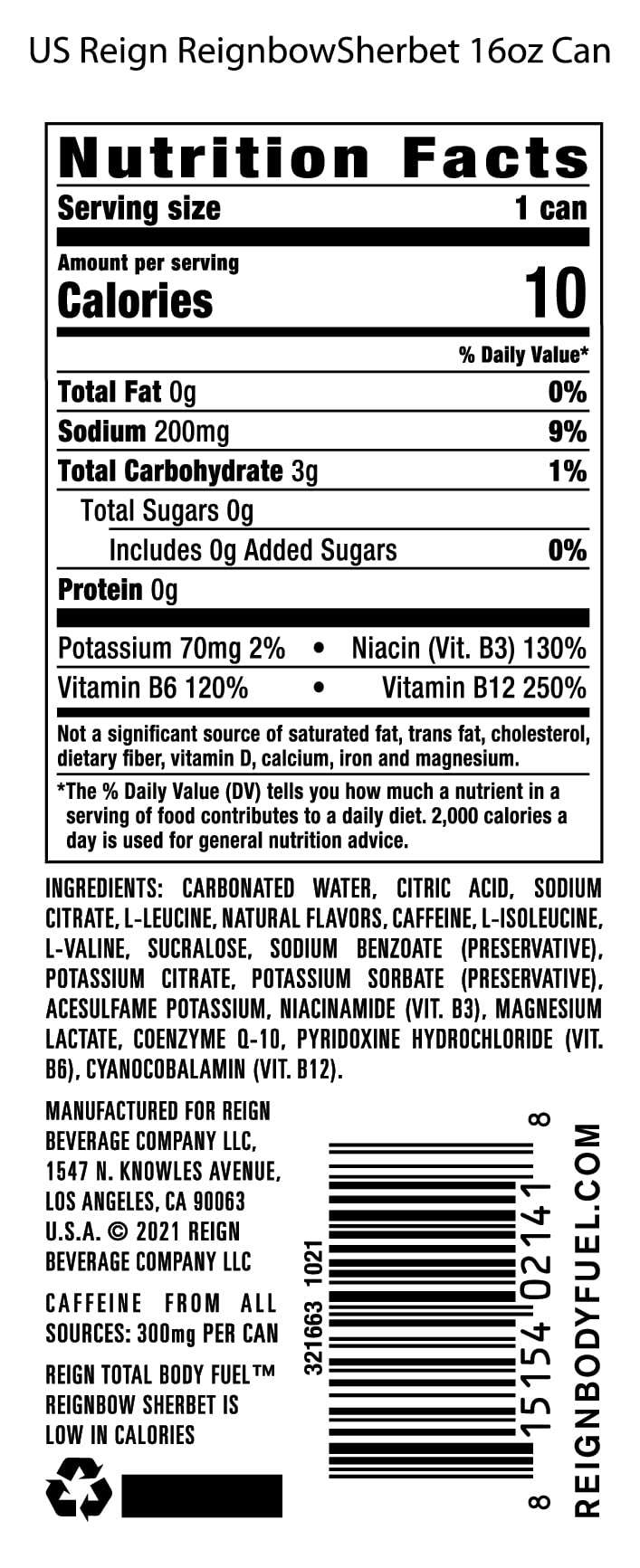 REIGN Total Body Fuel, Reignbow Sherbet, Fitness & Performance Drink, 16 Fl Oz (Pack of 12) - Image 2