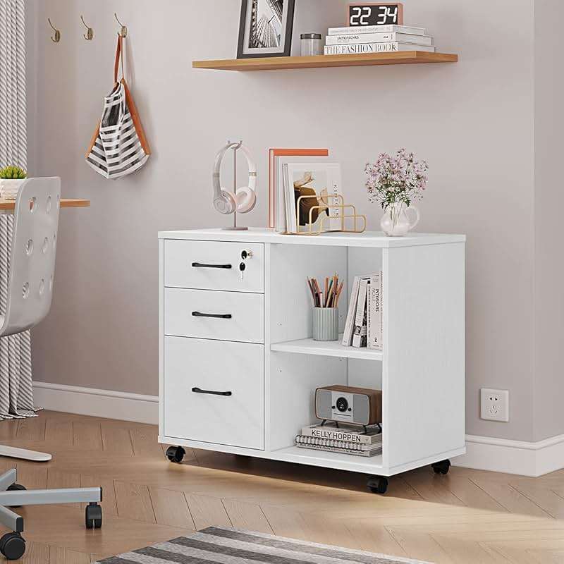 Panana 3 Drawer Office File Cabinets, Mobile Lateral Printer Stand with Open Storage Shelf, Rolling Filing Cabinet with Wheels Home Office Organization and Storage (White) - Image 2