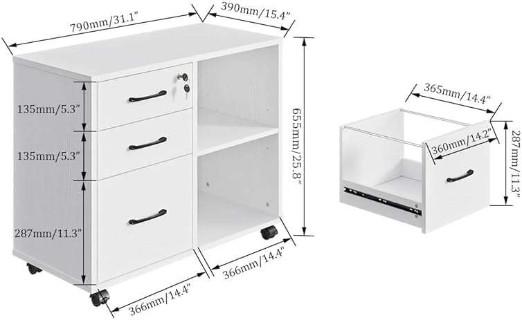 Panana 3 Drawer Office File Cabinets, Mobile Lateral Printer Stand with Open Storage Shelf, Rolling Filing Cabinet with Wheels Home Office Organization and Storage (White) - Image 3