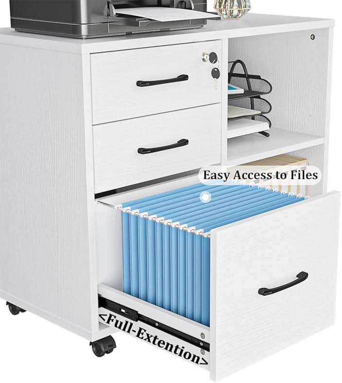 Panana 3 Drawer Office File Cabinets, Mobile Lateral Printer Stand with Open Storage Shelf, Rolling Filing Cabinet with Wheels Home Office Organization and Storage (White) - Image 5