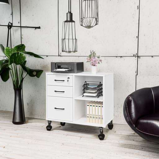 Panana 3 Drawer Office File Cabinets, Mobile Lateral Printer Stand with Open Storage Shelf, Rolling Filing Cabinet with Wheels Home Office Organization and Storage (White) - Image 6