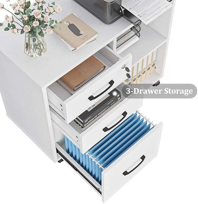 Panana 3 Drawer Office File Cabinets, Mobile Lateral Printer Stand with Open Storage Shelf, Rolling Filing Cabinet with Wheels Home Office Organization and Storage (White) - Image 7