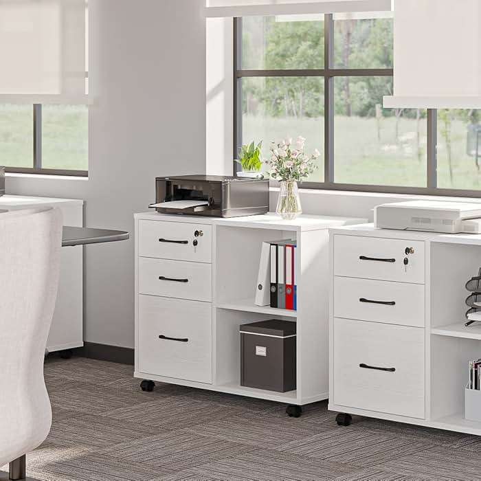 Panana 3 Drawer Office File Cabinets, Mobile Lateral Printer Stand with Open Storage Shelf, Rolling Filing Cabinet with Wheels Home Office Organization and Storage (White) - Image 9